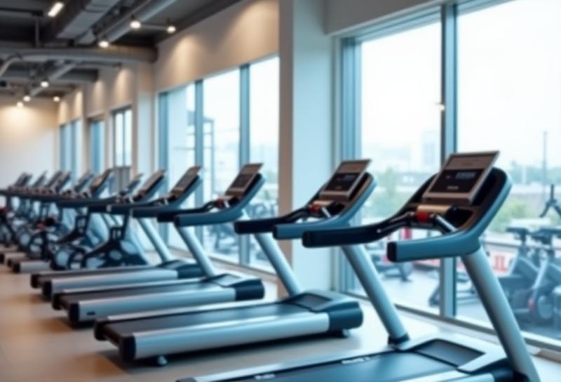 Row of cardio machines overlooking the gym