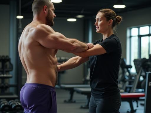 Personal trainer assisting a client with weights